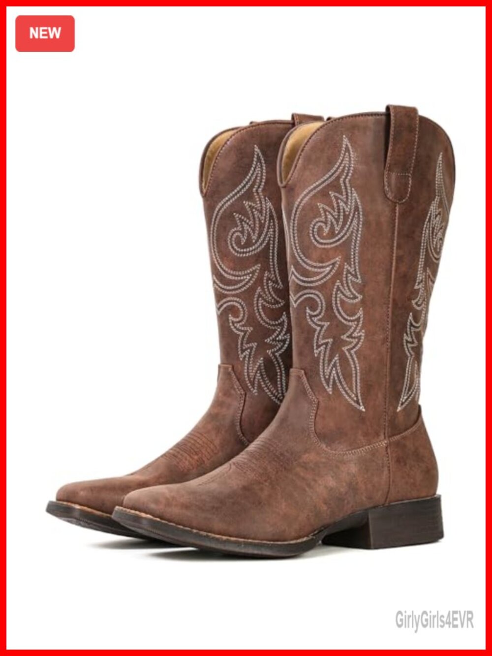 Women's Mid Calf Square Toe Cowboy Boots Embroidered Faux Leather